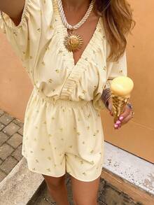 SHEIN LUNE Bộ jumpsuit dáng chữ A không tay, cổ chữ V, thắt eo, in họa tiết trái cây, cỡ lớn dành cho nữ, thích hợp cho mùa xuân/hè. - Màu vàng - Xem 5