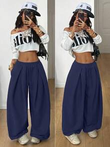 Coolane Women's Spring/Summer Streetwear Basic Daily Wear Homecoming Sport Going Out Casual Dark Blue Baggy Low Rise Cuffed Pants - Navy Blue - View 5