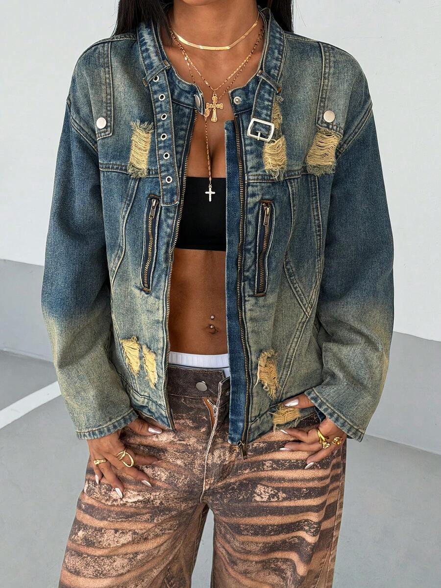 StreetHx 女士休闲时尚街头风日常通勤做旧搭扣细节牛仔夹克，春秋季 - 藍色 - 查看 1