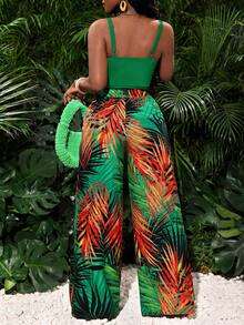 Slaydiva Summer Vacation Style Floral Print 2-Piece Set - Casual Holiday Stretch Camisole And Loose Printed Wide-Leg Pants - Women's - Green - View 2