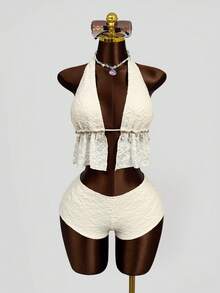 Zestiva Conjunto de biquíni feminino com top e calcinha de modelagem hipster, em tecido especial, com amarração frontal, laço e detalhe de estrela-do-mar. - Bege - Ver 3