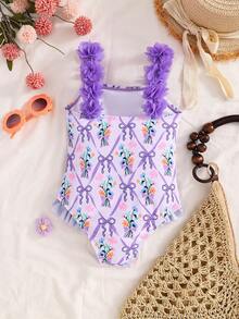 SHEIN Emery Rose Kids 少女度假蝴蝶印花3D花卉装饰时尚连体泳衣 - 紫色 - 查看 4