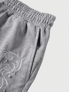 Essentials Quần short nam mùa hè, phong cách thường ngày, thời trang đường phố, thêu họa tiết ngọc trai giả, cạp chun có dây rút. - Màu Xám nhạt - Xem 7