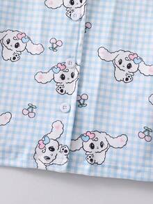 Conjunto de pijama infantil feminino de 2 peças, estampa xadrez com desenho de coelho, blusa com botões frontais e shorts, roupa de dormir confortável. - Azul - Ver 9