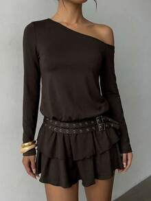 Aloruh Women's Solid Color Asymmetric Shoulder Ruffle Hem Mini Dress, Autumn - Brown - View 3