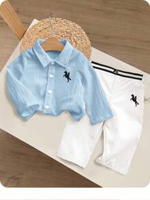 Newborn Baby Boy Casual Cute Versatile White Long Sleeve Shirt And Pants Set - Multicolor - View 11