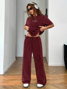 Muchica Women's Casual Fashion Street Style Everyday Commute Wine Red Washed Letter Embroidery Drop Shoulder Loose T-Shirt And Wide Leg Pants Set, Spring/Summer/Autumn Loungewear Women Two Piece Set Women Comfy 2 Piece Lounge Sets Woman Lounge Wear 2 Piece Casual Sets Woman - Burgundy - View 3