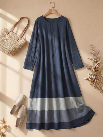 Rusticease Women's Casual Colorblock Striped Round Neck Dress Tunic Dress Women Plus Casual Dress Linen Dresses For Women Cottage Core Dress  Summer Dress   Elegant Dresses For Women  Vacation Long Sleeve Blue Dress Modest Summer Dress Casual Midi Dress Dusty Blue Women Dress Blue Striped Dress  Cotton 100%
