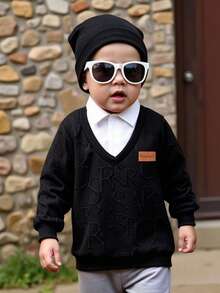 Young Boy Black Letter Textured Fleece & White Woven Fabric Splice,2 In 1 Sweatshirt,Korean Fashion,Autumn,Career Day,Back-To-School,Leather Patch - Black - View 1
