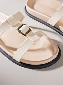 Solecia Women's Buckle Design Casual Fashionable Flat Mule Sandals - Apricot - View 5