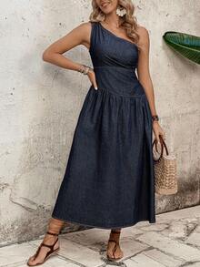 EMERY ROSE Women's Vacation Sleeveless Ruched Casual Denim Dress,Valentine's Day,Summer,Carnival,Beach,Party,Elegant Party Dress,Going Out,One Shoulder Dress,Cinched Waist A-Line Dress,Dark Wash Denim,French Style Denim Dress,French Chic,Quiet Luxury Dress,Office Chic Dress,Date Night Dress,Afternoon Tea Outfit,Feminine Chic,Spring Summer Dress,Vacation Dress,Weekend Outfit,One Shoulder Denim Dress,Dark Wash A-Line Denim Dress,French Cinched Waist Denim Dress,Elegant Denim Dress,Work To Date Denim Dress - Blue - View 5