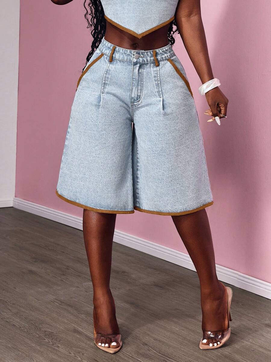 Slaydiva Quần short Bermuda nữ dáng rộng, phối màu tương phản, túi xéo, chất liệu denim. - Màu xanh lam - Xem 1