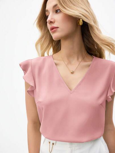 BizChic Blusa suelta de mujer con cuello en V y mangas cortas, camisa casual elegante y formal para oficina y uso urbano, top de primavera y verano, atuendo para invitada de boda