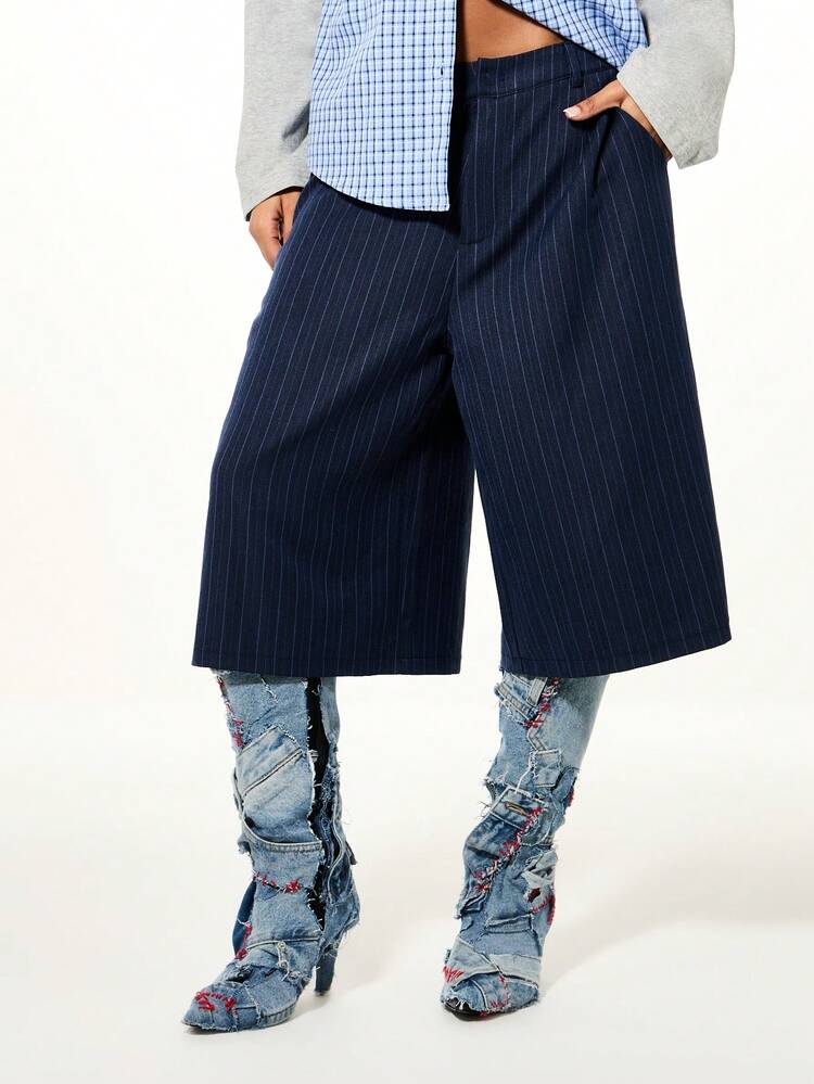 SUMWON WOMEN Pinstriped Wide Leg Bermuda Shorts With Pleats