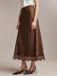 BizChic 新款春夏棕色缎面质感蕾丝拼接优雅通勤半身裙，适合工作、办公室、商务、社交场合等多种场合。 - 咖啡棕 - 查看 5