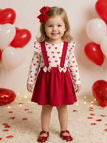 Cozy Pixies 2pcs Baby Girl Valentine's Day Heart Pattern Knit Soft Crew Neck Long Sleeve Top And Red Suspender Dress Set - Red - View 1
