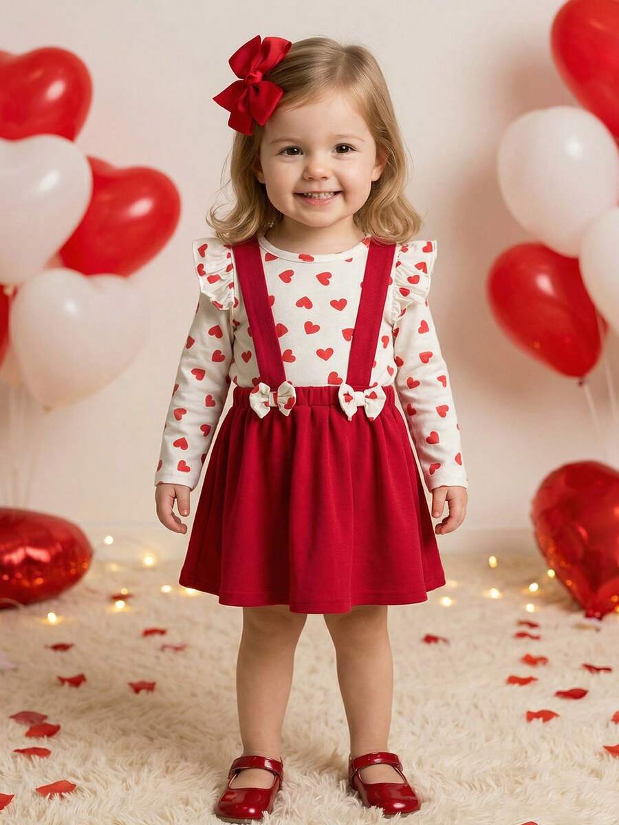 Cozy Pixies 2pcs Baby Girl Valentine's Day Heart Pattern Knit Soft Crew Neck Long Sleeve Top And Red Suspender Dress Set - Red - View 1