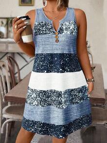 SHEIN PETITE CURVE Petite Series Plus Size Women's V-Neck Straight Geometric Striped Print Casual Dress, Slimming, Spring/Summer - Multicolor - View 3