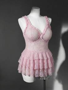 Seduluxe Plus Size Sexy Lace Trim Mesh Bow Babydoll Lingerie Set With G-String Wedding Sexy Babydoll Ruffle Lingerie Sexy Nightwear Babydoll Pajama Curvy Lingerie Lace Babydoll Pink Lingerie Babydoll - Pink - View 4