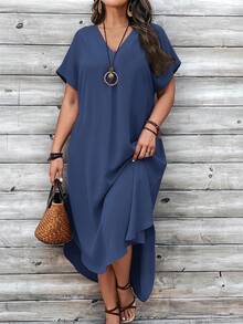 EMERY ROSE Rochie de seară minimalistă cu decolteu în V, cu mânecă scurtă, mărime plus, culoare solidă, stil casual, ținută de zi cu zi - Albastru - Vizualizare 5