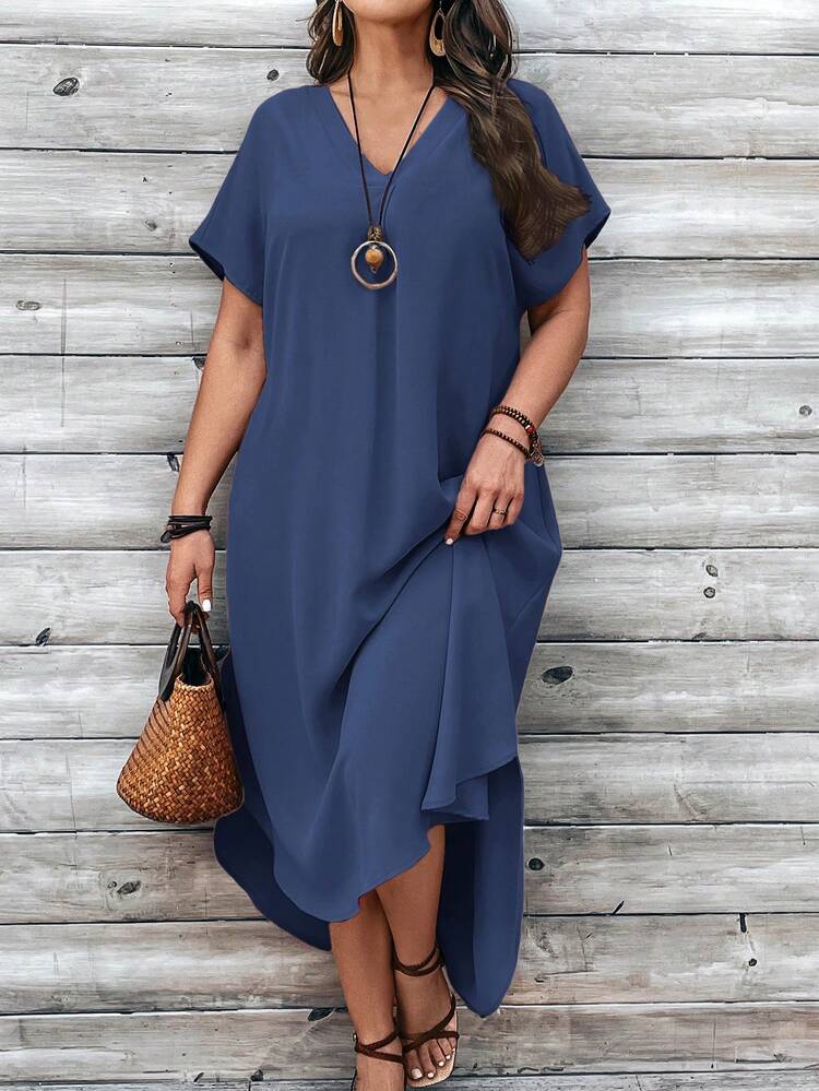 Plus Size Solid Color Minimalist V-Neck Short Sleeve Dress, Casual Everyday Wear