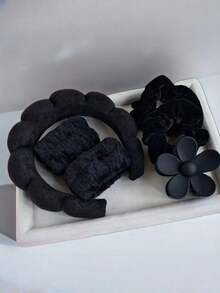 6件套天鹅绒发带爪夹腕带套装，女士SPA头带发箍，适用于洗脸、护肤、化妆，母亲节情人节礼物 - 黑色 - 查看 10