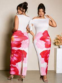 Cravure Spring/Summer Ombre Floral Placement Print Asymmetric Shoulder Bowknot Waist Fitted Long Dress, Elegant & Sophisticated, Suitable For Work, Casual Wear, And Special Occasions - Multicolor - View 6