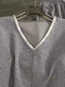 Resyla Regular Fit V-Neck Short Sleeve Top + Straight Leg Pants With Side Pockets - Grey - View 3