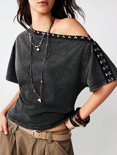 Bohemela Casual Solid Color Knit Asymmetric Collar Fitted Women T-Shirt