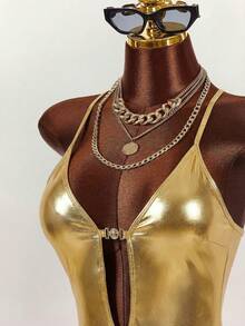 Amplova 1pc Women's Halter Neck One-Piece Swimsuit, Sexy Cutout Design With Metal Accents, Ruched Waist, Open Back With Tie, Suitable For Vacation - Apricot - View 7