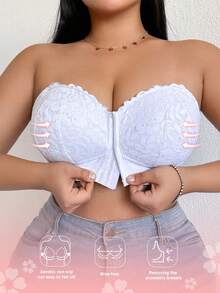 DesireSculpt 1pc Plus Size Wireless Lace Front Closure Bra, Sexy Lift & Enhance Invisible Back Bra - White - View 7