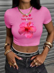 Rovax Women's Floral Print Short Sleeve Cropped Round Neck T-Shirt - Hot Pink - View 3