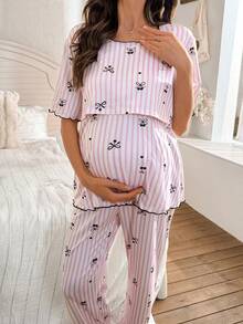 Moonlight&Mama 条纹蝴蝶结印花哺乳友好型短袖套头衫和裤子睡衣套装，孕妇适用 - 彩色 - 查看 7