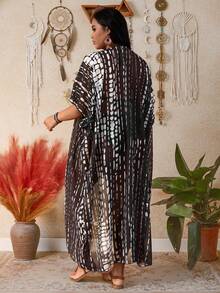 Swim Lushoire 大码女式印花休闲开襟和服，宽松版型，适合海滩度假 - 黑與白 - 查看 2