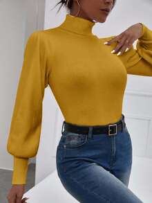 RueChic Turtleneck Lantern Sleeve Ribbed Knit Sweater - Yellow - View 3