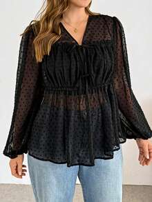 Shapeblank Blouse ample et confortable à pois jacquard transparente à manches longues avec lien, pour femmes grandes tailles, style printemps/été, décontracté, élégant, pour vacances - Noir - Voir 6