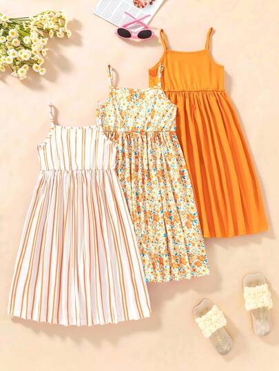 Sparklyn 3pcs Girls Sleeveless Dress Set, Elastic Leopard & Striped Sleeveless Dress, Suitable For Summer Vacation & Party, Casual Patchwork, Leopard, Floral Print Decorated Camisole With Moderate Stretch