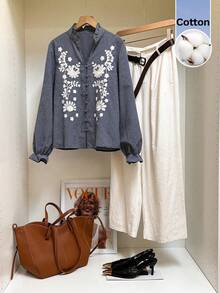 SHEIN Frenchy Áo sơ mi nữ tay dài cài cúc, chất liệu cotton, họa tiết kẻ caro hoa, kiểu dáng thường ngày, thích hợp mặc đi chơi, mùa hè, mùa xuân, mọi mùa, công sở thường ngày, phong cách Pháp, công sở kinh doanh, kỳ nghỉ, khu nghỉ dưỡng. - Nhiều màu - Xem 2