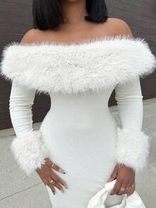 Alexandranx Apricot Off Shoulder Fuzzy Bodycon Long Sleeve Sweater Dress, Thermal Lined Thick Autumn/Winter Dress, Apricot Sexy Off Shoulder Maxi Dress, Date Night Dress, Birthday Dress, Nightclub Party Dress, Suitable For Halloween, Christmas, Date Party, Elegant Printed Dress - Apricot - View 3