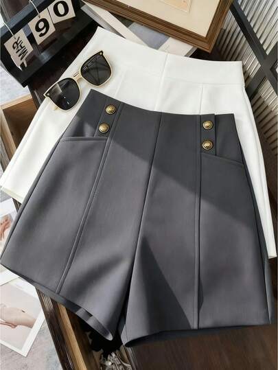 Franclia Women's High Waist Ripped Patchwork Design Shorts, Metal Buckle Decor, Woven Fabric, A-Line All-Match Style, Casual & Fashionable Loose Fit