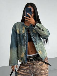 StreetHx 女士休闲时尚街头风日常通勤做旧搭扣细节牛仔夹克，春秋季 - 藍色 - 查看 3