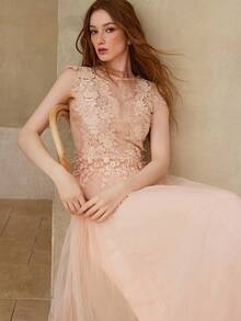 MOTF PREMIUM ĐẦM NỮ XUÂN/HÈ VỚI CHẤT LIỆU LƯỚI PHỐI HỢP REN ĐÍNH KIM, XẾP DÁNG. - Màu Hồng baby - Xem 5