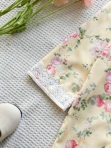 SHEIN Vintaside Kids 女童黄色碎花长袖连衣裙，时尚荷叶边设计休闲装 - 黃色 - 查看 7