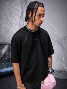 AXEPEAK 男士透气层宽松针织短袖T恤，夏季，街头风 - 黑色 - 查看 2