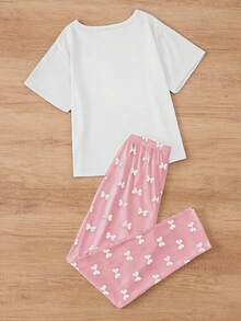 少女蝴蝶印花宽松露肩上衣和印花长裤睡衣套装，春夏秋季 - 粉色 - 查看 2