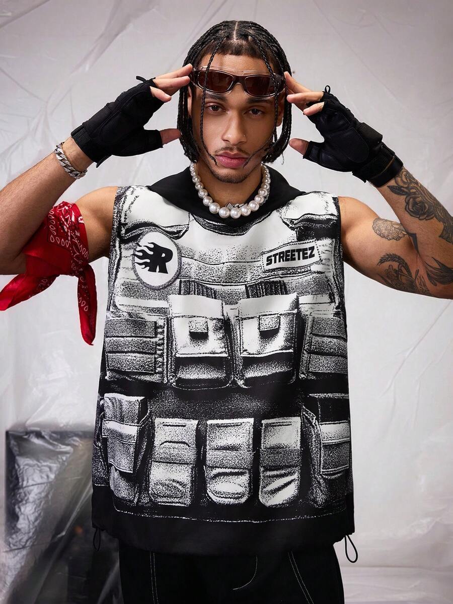 Manfinity NXTstreet 男士数码印花宽松无袖连帽背心 - 黑色 - 查看 1