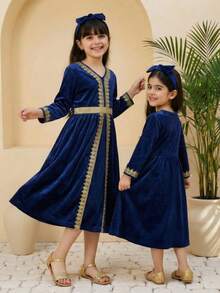 Girls' Long Sleeve Navy Blue Dress With Gold Floral Lace V-Neck, Front Embroidered Ribbon Decor, Cinched Waist With Gold Belt, Enhancing The Luxurious Look, Suitable For Performance, Party, Outing - Navy Blue - View 2