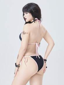 ROMWE Bộ đồ bơi 2 mảnh dành cho nữ 26SS Goth Punk Y2K Babe, phong cách đường phố sành điệu với họa tiết đinh tán, đường viền tương phản, điểm nhấn dây thắt nơ, màu đen, hồng nhạt, bikini cúp tam giác, thanh lịch, lãng mạn, gợi cảm, thích hợp cho bãi biển, kỳ nghỉ trên đảo, lễ hội, tiệc tùng, mặc hàng ngày, kỳ nghỉ biển. Bộ đồ bơi nữ mới năm 2026, thích hợp cho trường học, kỳ nghỉ, hẹn hò, tiệc trà chiều. - Nhiều màu - Xem 7