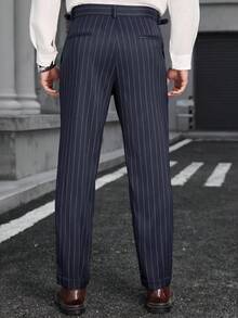 Manfinity Bizformal 男士条纹纽扣休闲百搭通勤商务裤 - 藏蓝色 - 查看 2