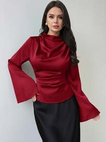 Firerie Women's Elegant Long-Sleeved Shirt / Glossy Top / Faux Silk Satin Shirt / Commuter Shirt / Brown Blouse / Office/Business Attire / New Year's Look / Vintage Style Shirt / Bell Sleeve Shirt - Red - View 4